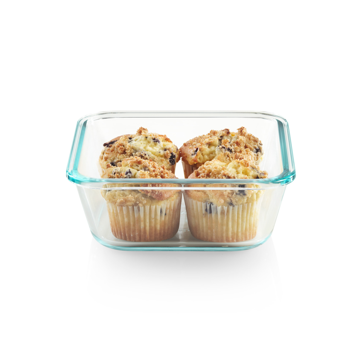 Total Solution Pyrex Square 4-cup Glass Food Storage with 4 muffins inside