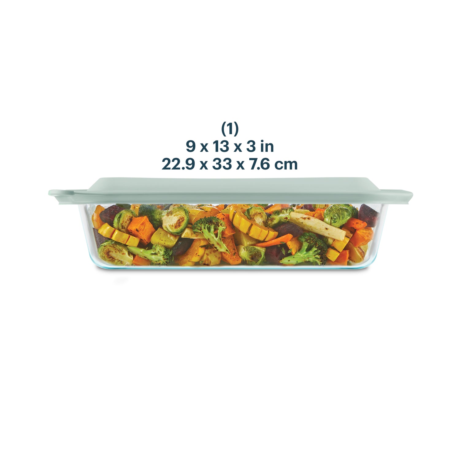Rectangular glass food container with lid filled with vegetables, showing dimensions on a white background.