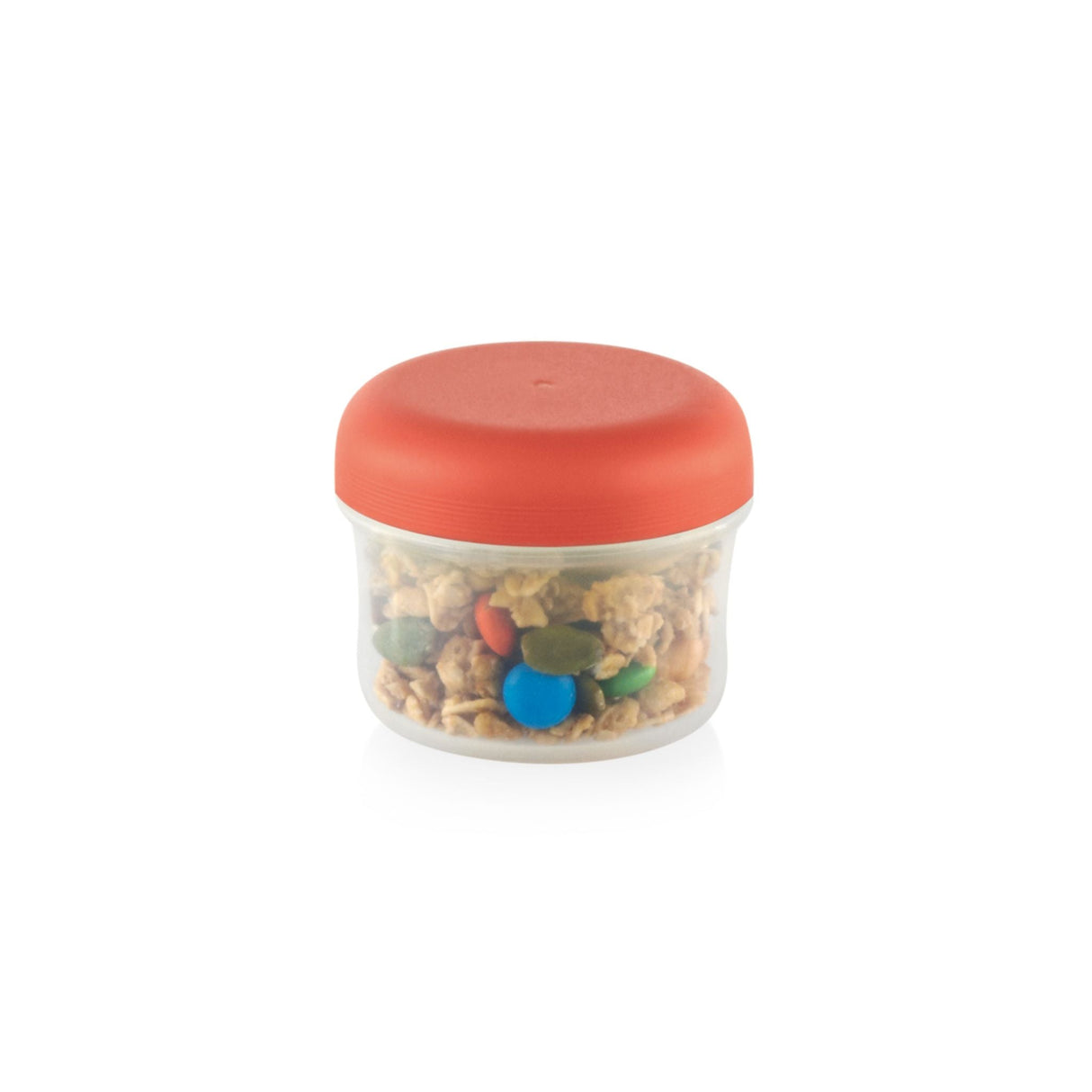 2-oz Round Container with Orange Lid with snack mix inside