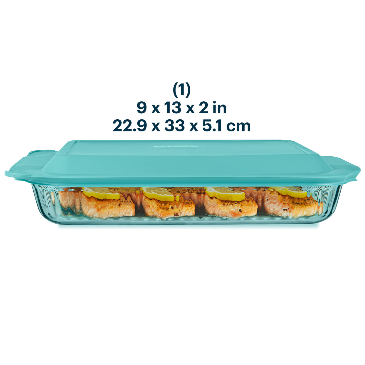 Glass baking dish with teal lid containing salmon fillets, dimensions displayed.