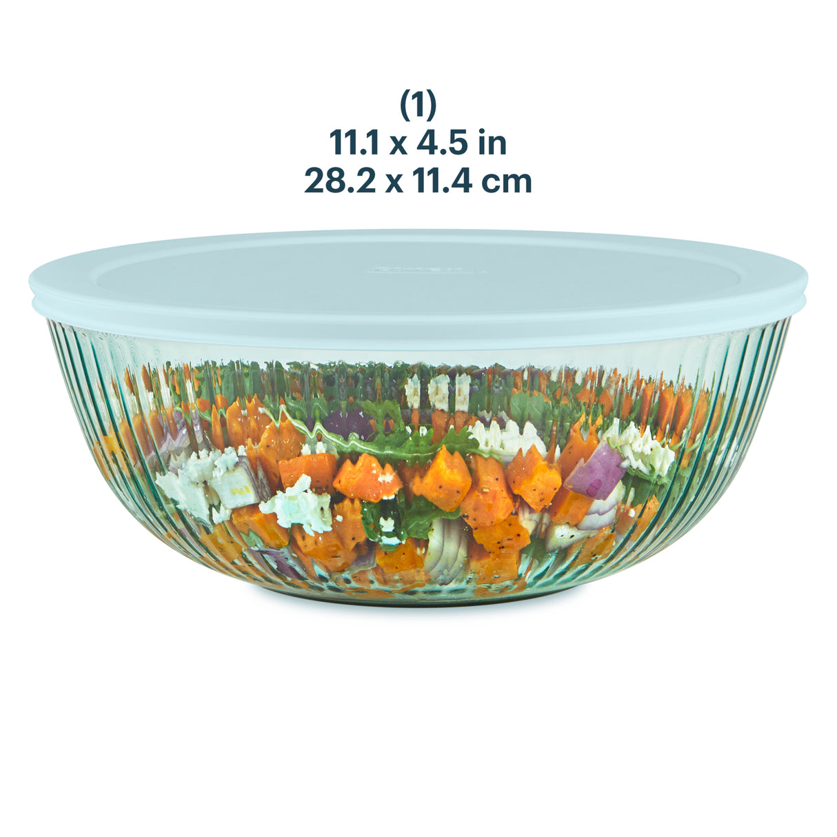 Glass mixing bowl with colorful vegetables and dimensions displayed