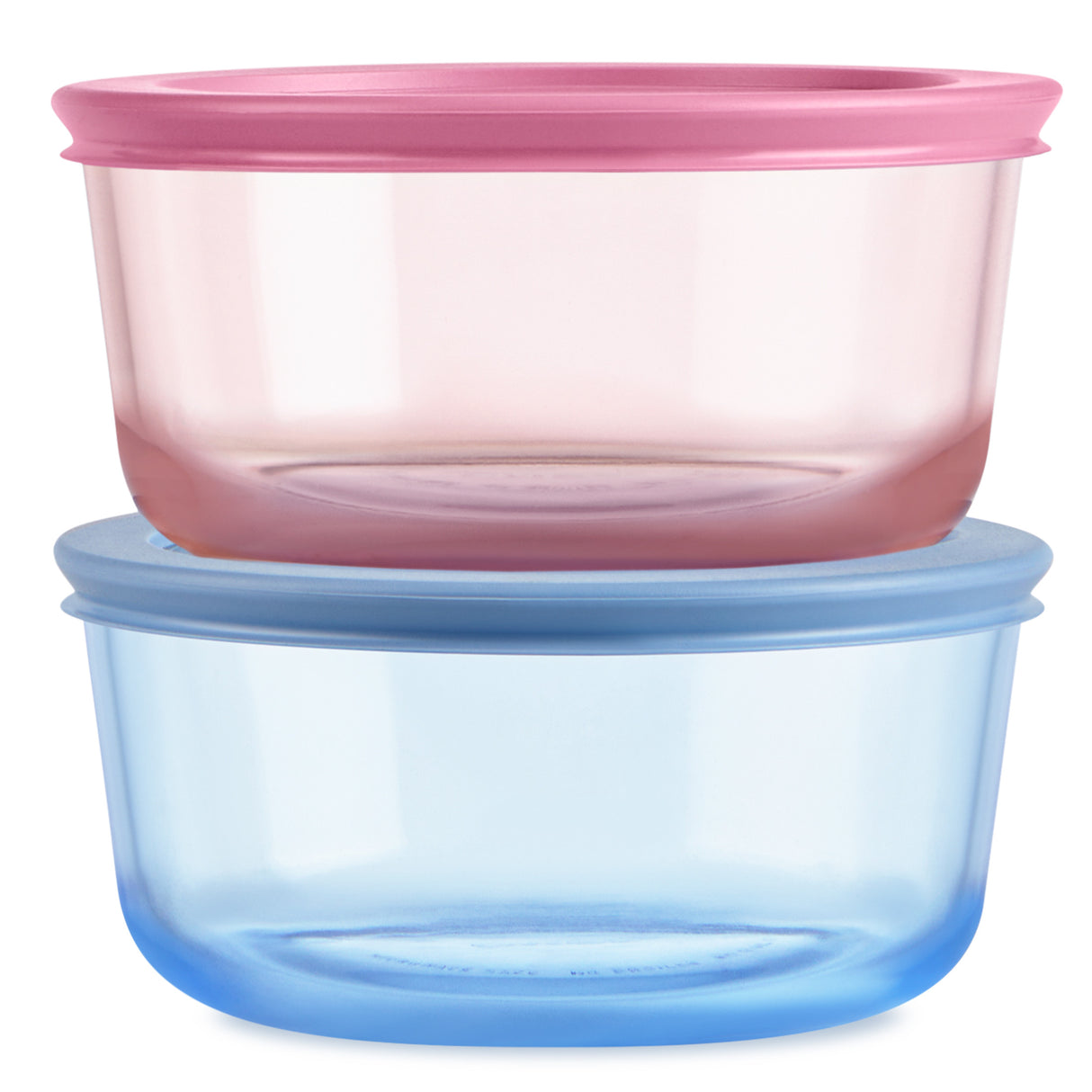 Two stacked food containers, one pink and one blue, on a white background.