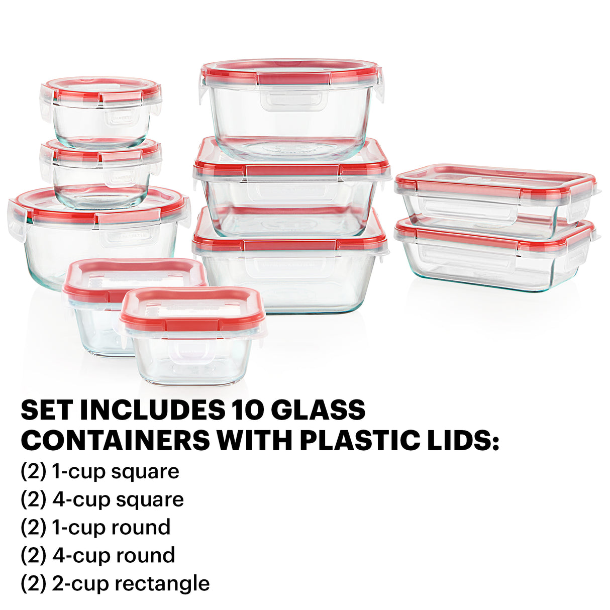 Set of glass food storage containers with red lids on a white background