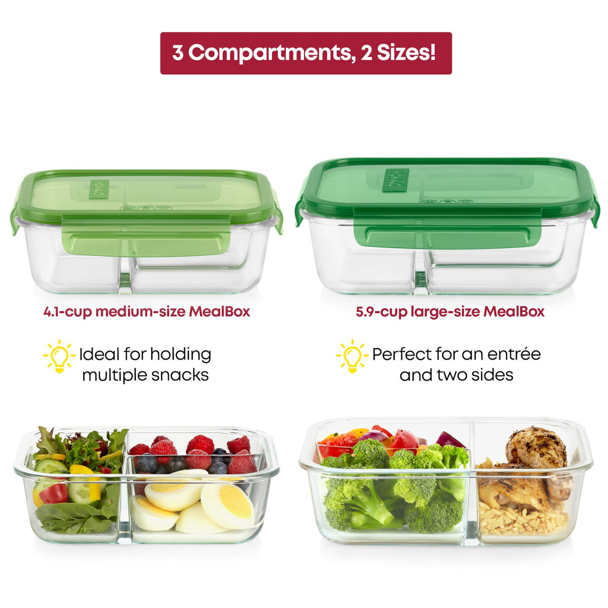 photo compares 4.1 cup with text ideal fore holding multiple snacks and 5.9cup perfect for an entree and 2 sides