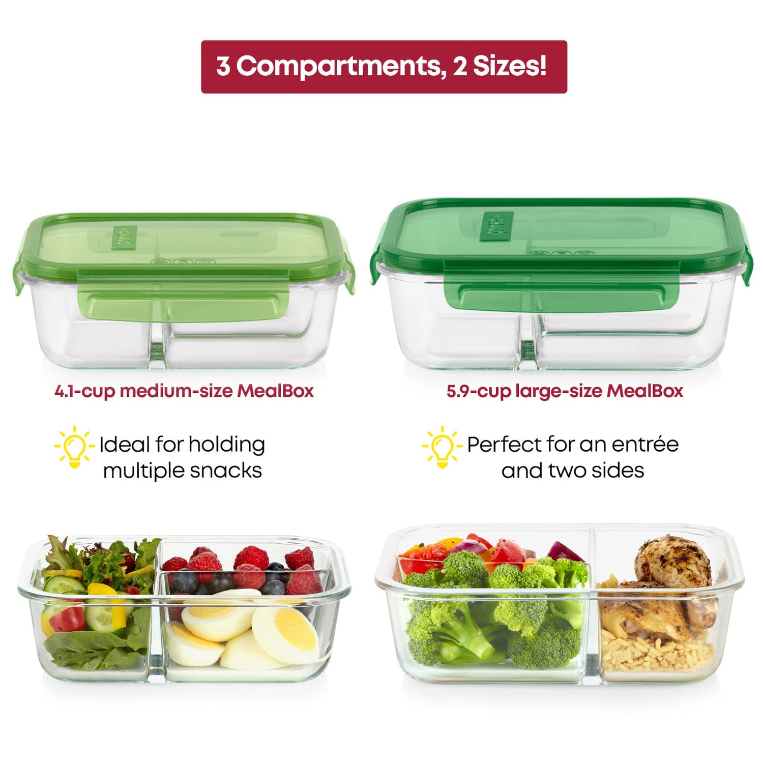 photo compares 4.1 cup with text ideal fore holding multiple snacks and 5.9cup perfect for an entree and 2 sides