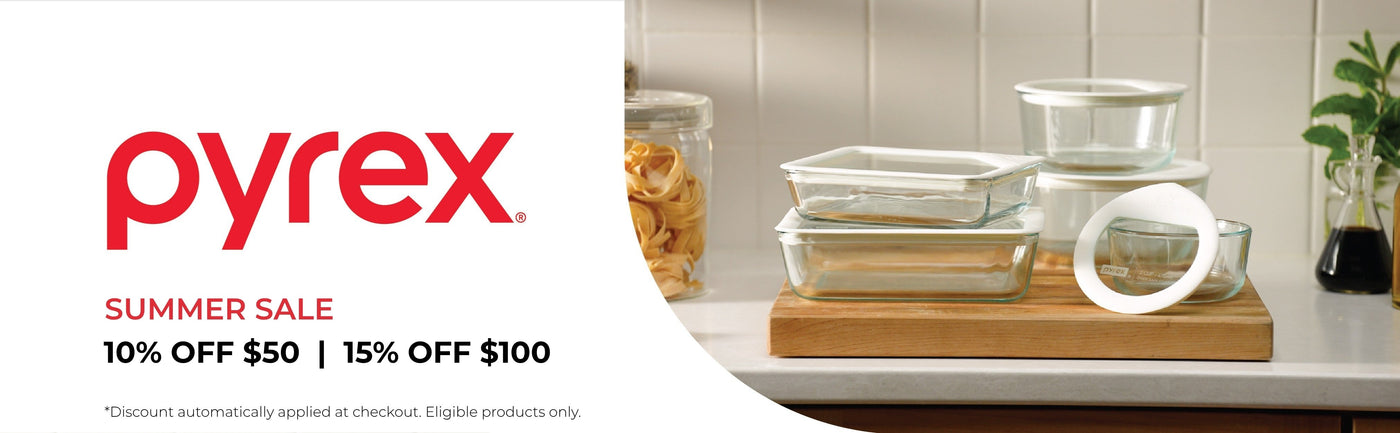 Pyrex glassware set on a kitchen counter with promotional text for a summer sale.