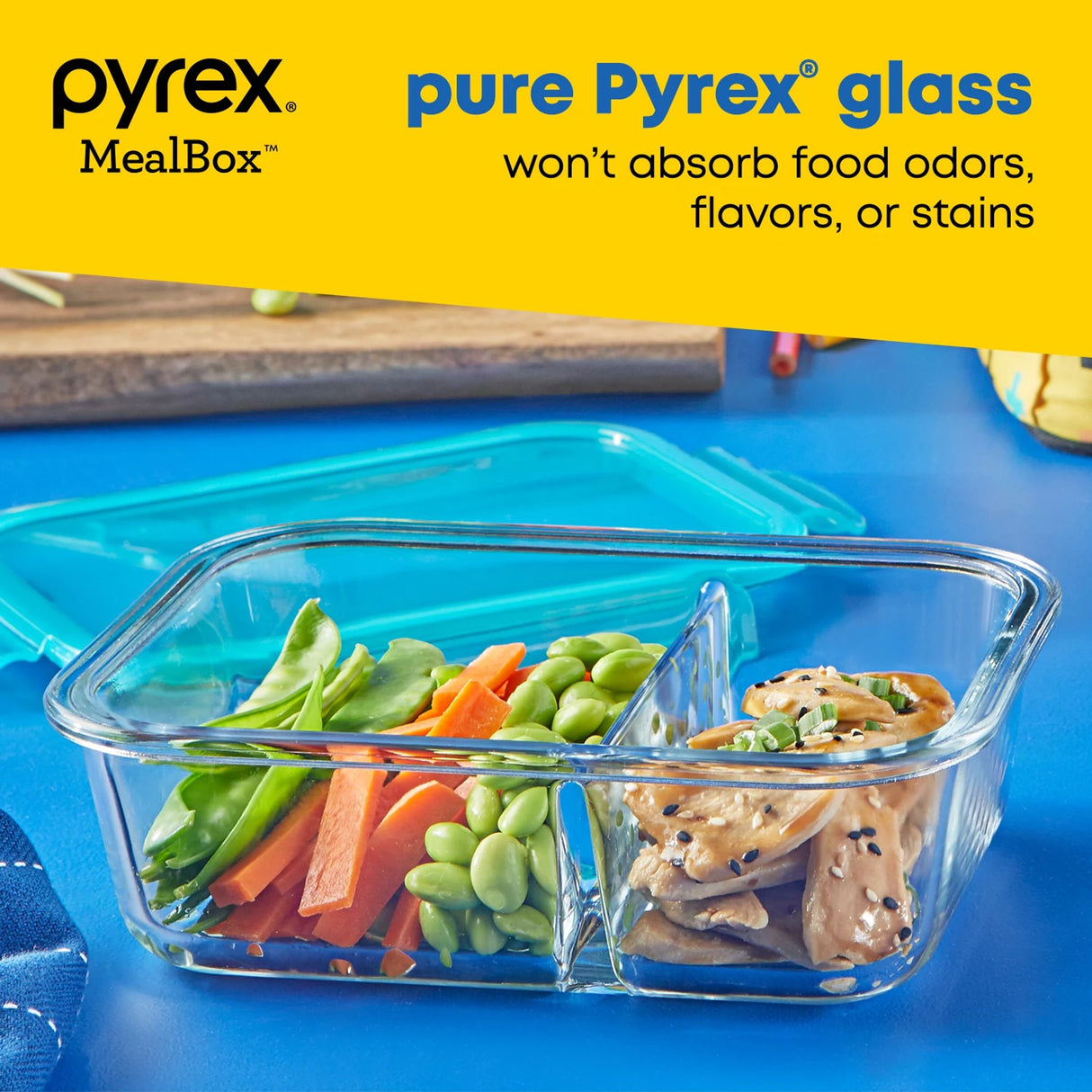 MealBox 2.3-cup Divided Glass Food Storage Container with text