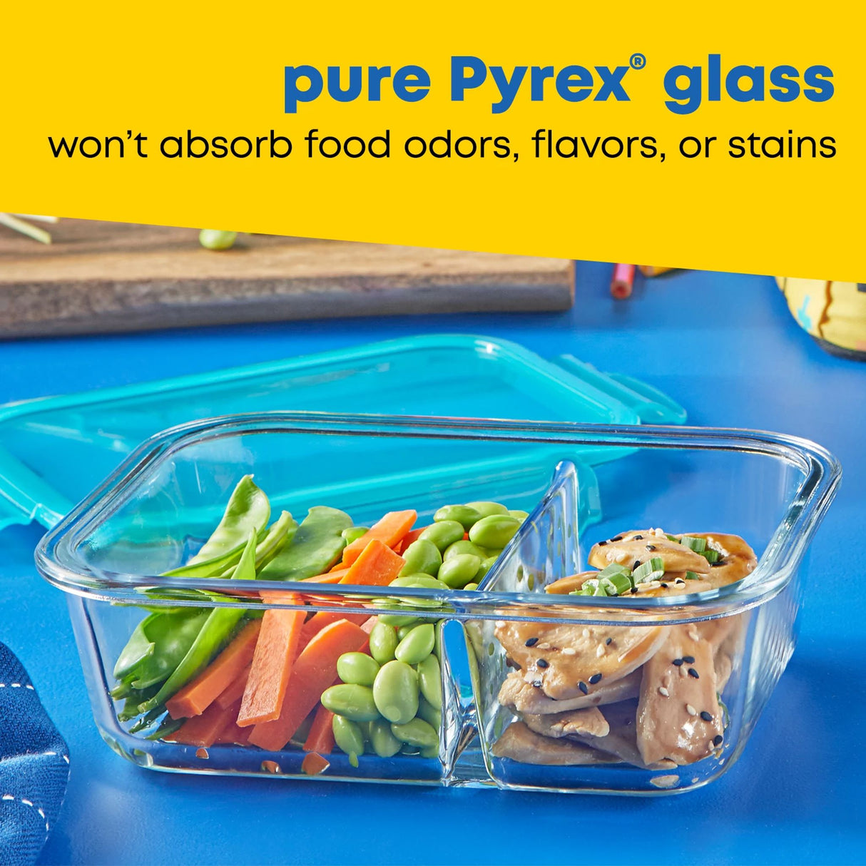 MealBox™ 2.3-cup Divided Glass Food Storage Container Lid text pure Pyrex glass won't absorb odors flavors or stains