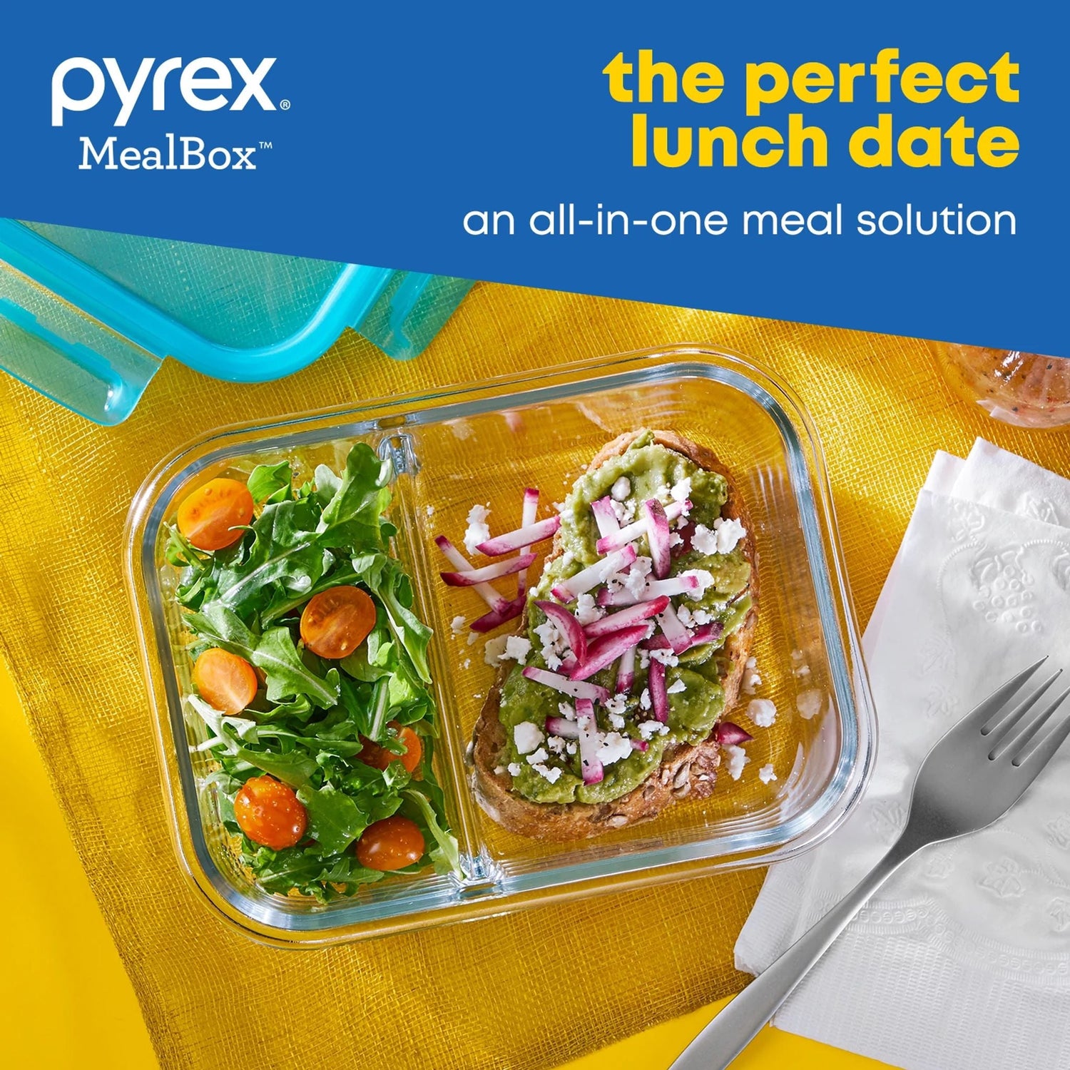 MealBox™ 2.3-cup Divided Glass Food Storage Container Lid with text the perfect lunch date all-in-one meal solution