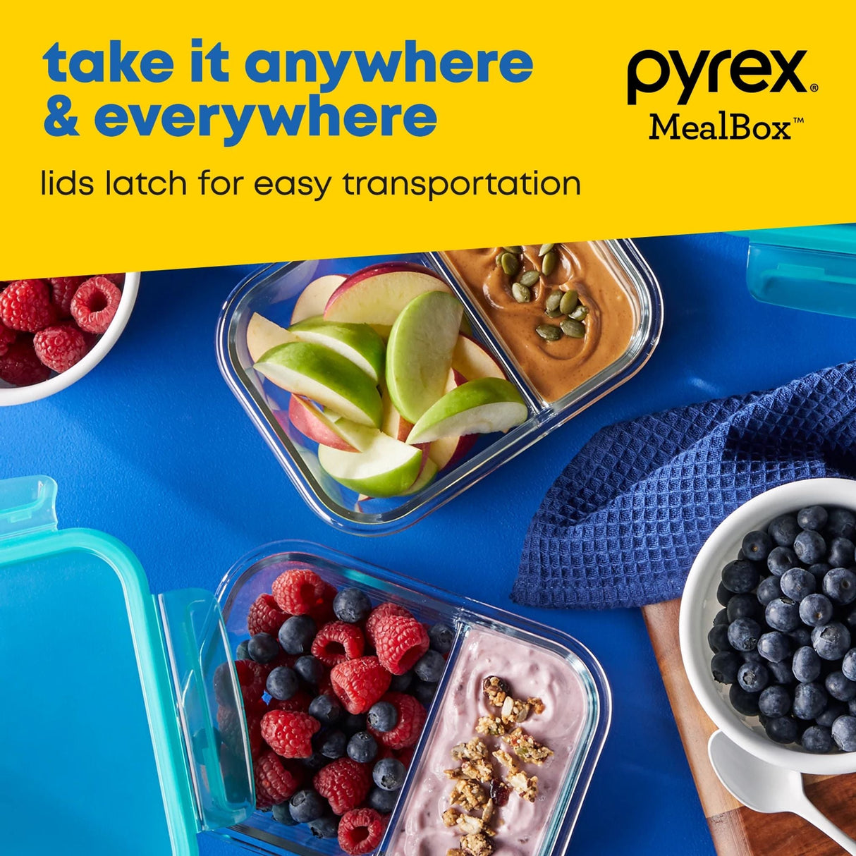 MealBox 2.3-cup Divided Glass Food Storage Container with text take it anywhere & everywhere lids latch for easy transportation
