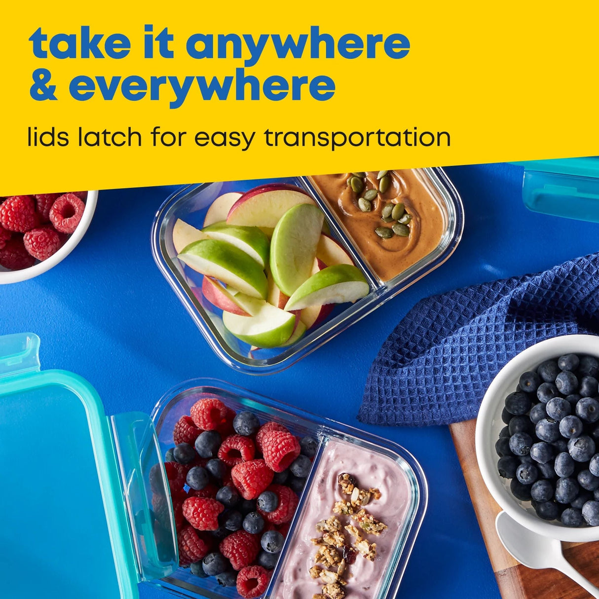 MealBox 4-cup Divided Glass Food Storage Container with text take in anywhere & everywhere