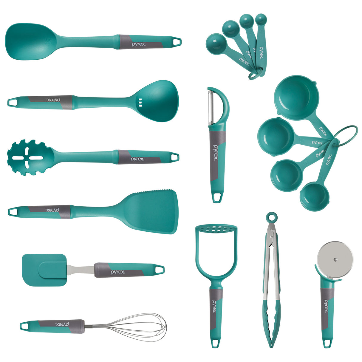 Collection of teal kitchen utensils including spoons, measuring cups, and tools on a white background