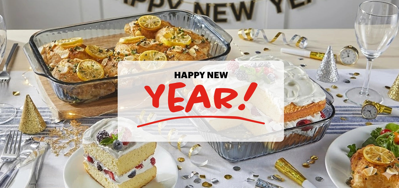 New Year's Eve celebration with cake, pasta, and 'Happy New Year!' text.