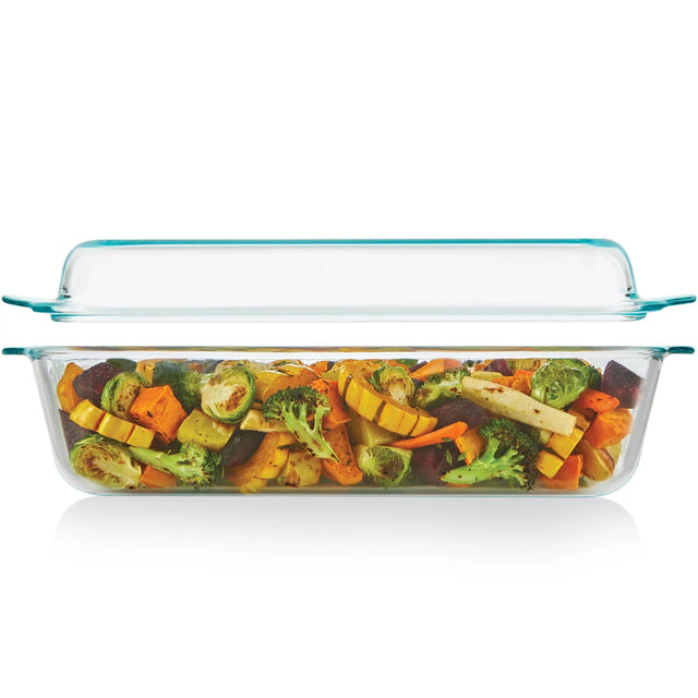 Deep 9” x13” Two-in-One Glass Baking Dish with Glass Lid (shown with food inside)