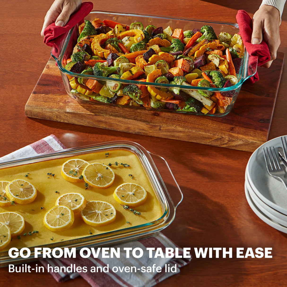 text that says go from oven to table with ease built in handles & oven safe lid