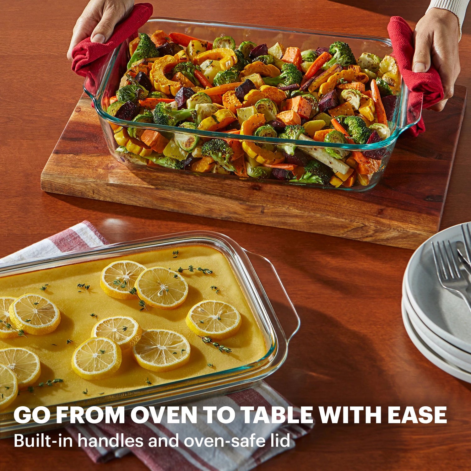 text that says go from oven to table with ease built in handles & oven safe lid