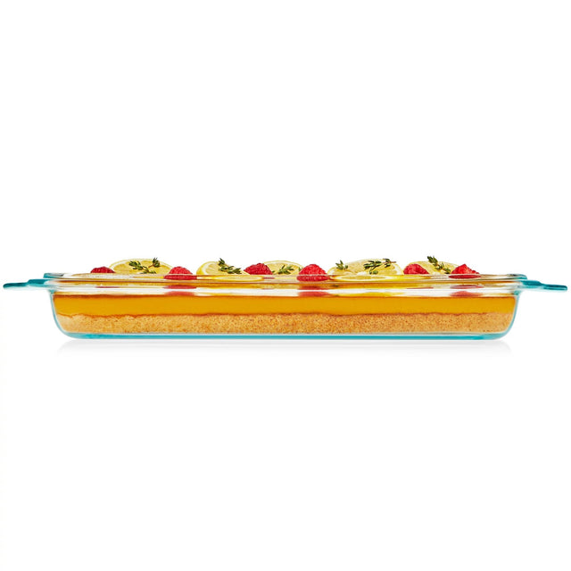 Shallow 9 x 13" Rectangular Glass Baking Dish wiith food inside