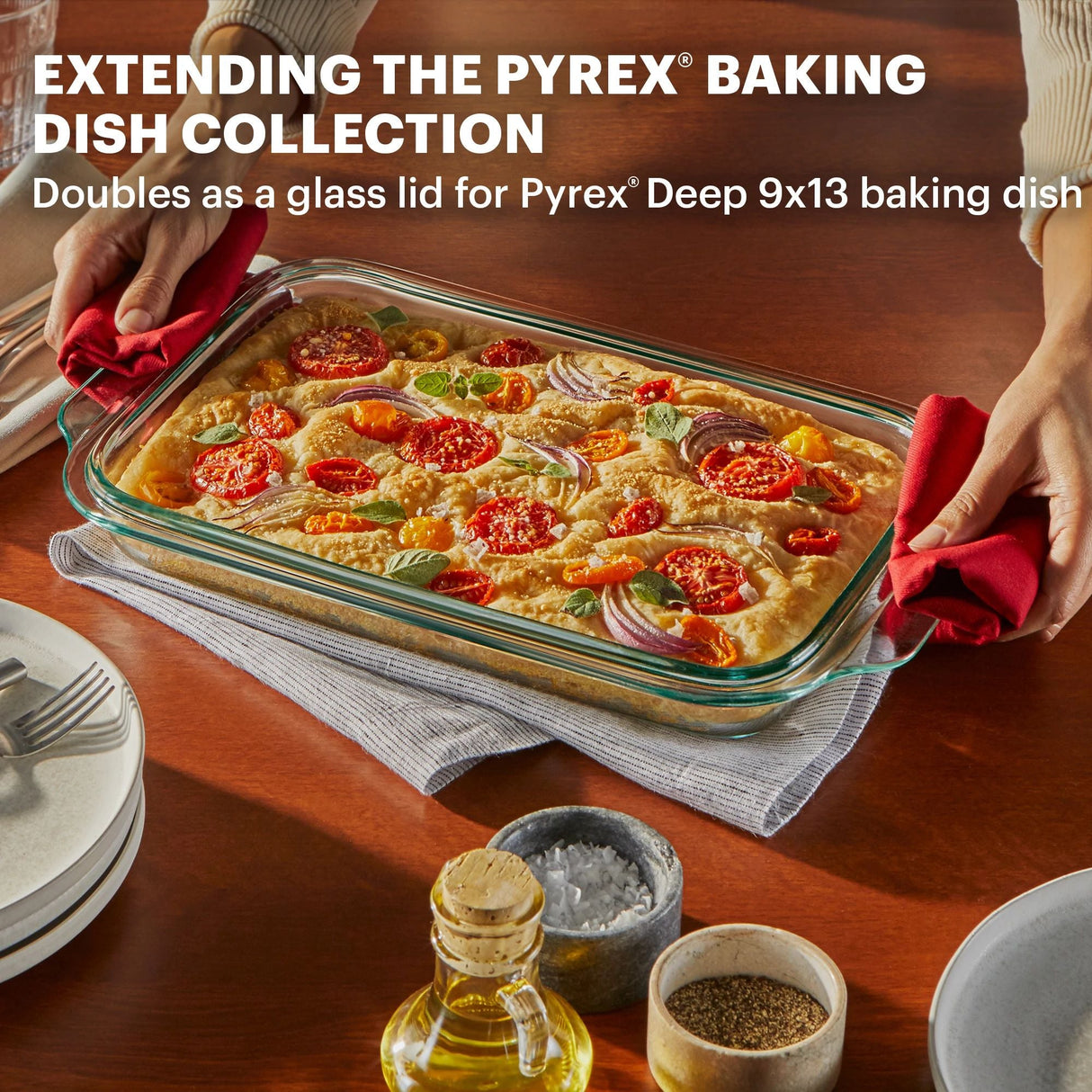 Shallow 9 x 13" Rectangular Glass Baking Dish with text extending the pyrex baking dish collection