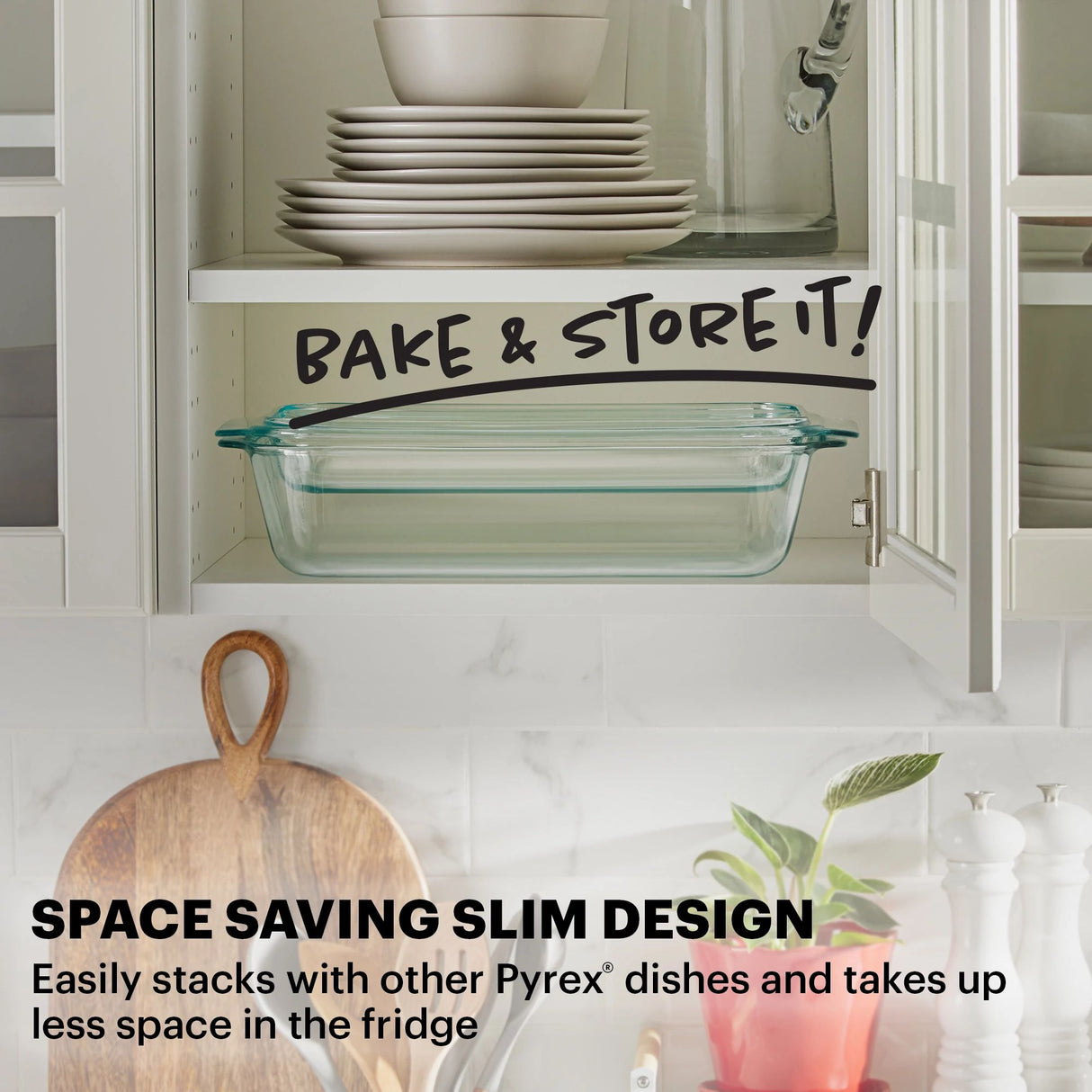 Shallow 9 x 13" Rectangular Glass Baking Dish with text space saving slim design