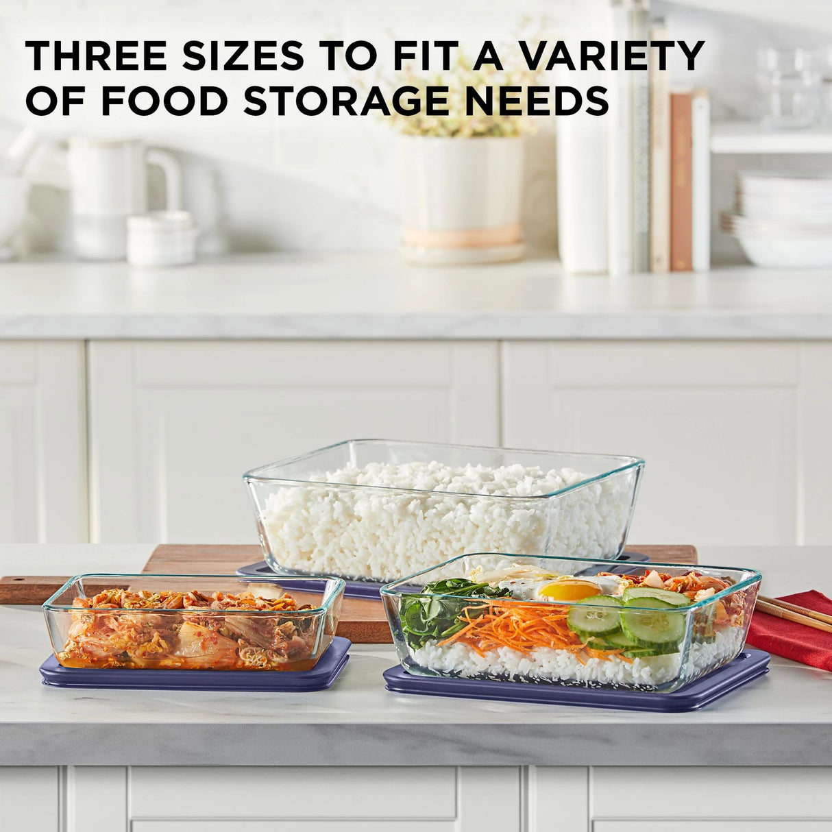 Simply Store® 6-pc Rectangular Storage Set on counter with food & text 3 sizes to fit variety of food needs