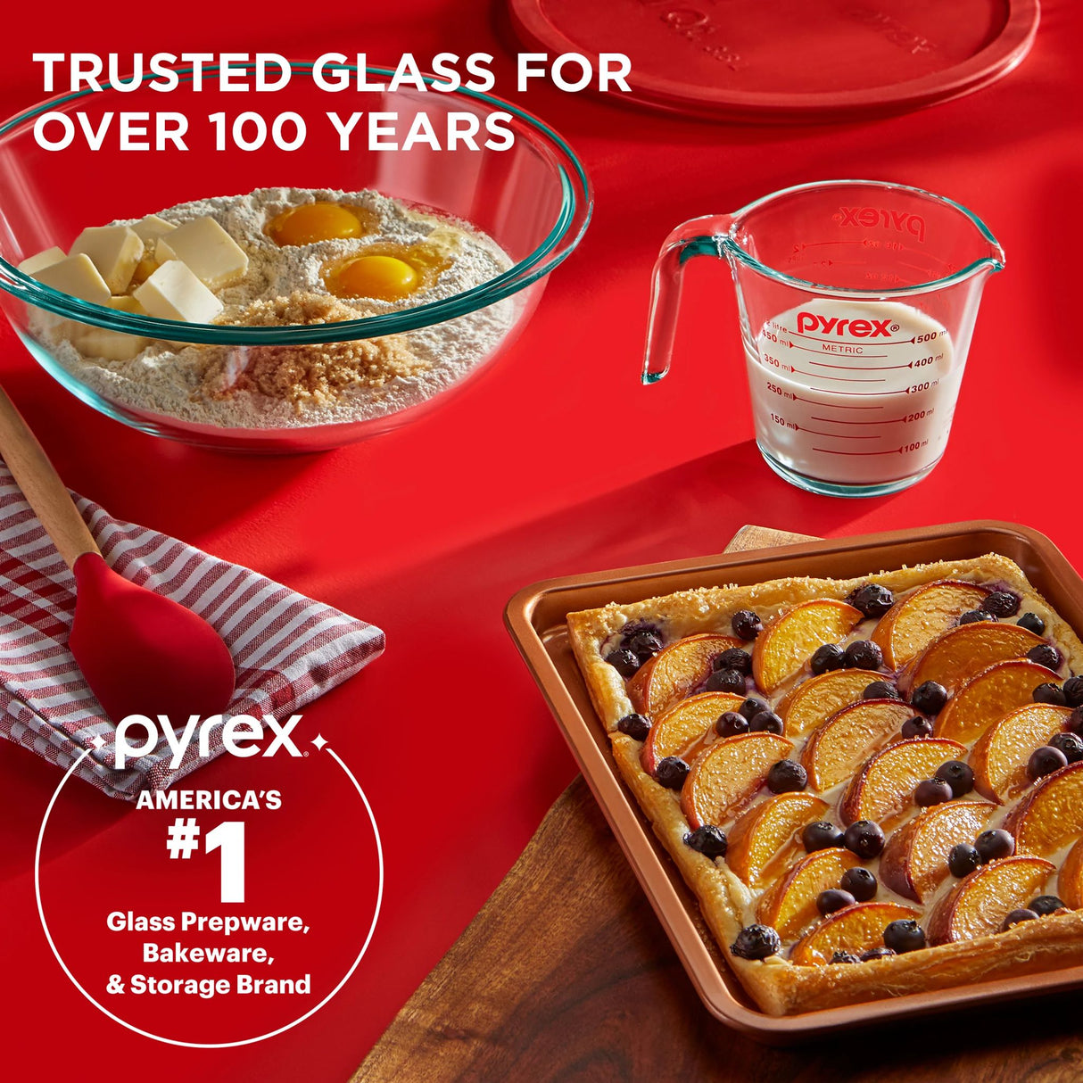 Smart Essentials 3-piece Glass Prep Set on table with food & text trusted glass for over 100 years