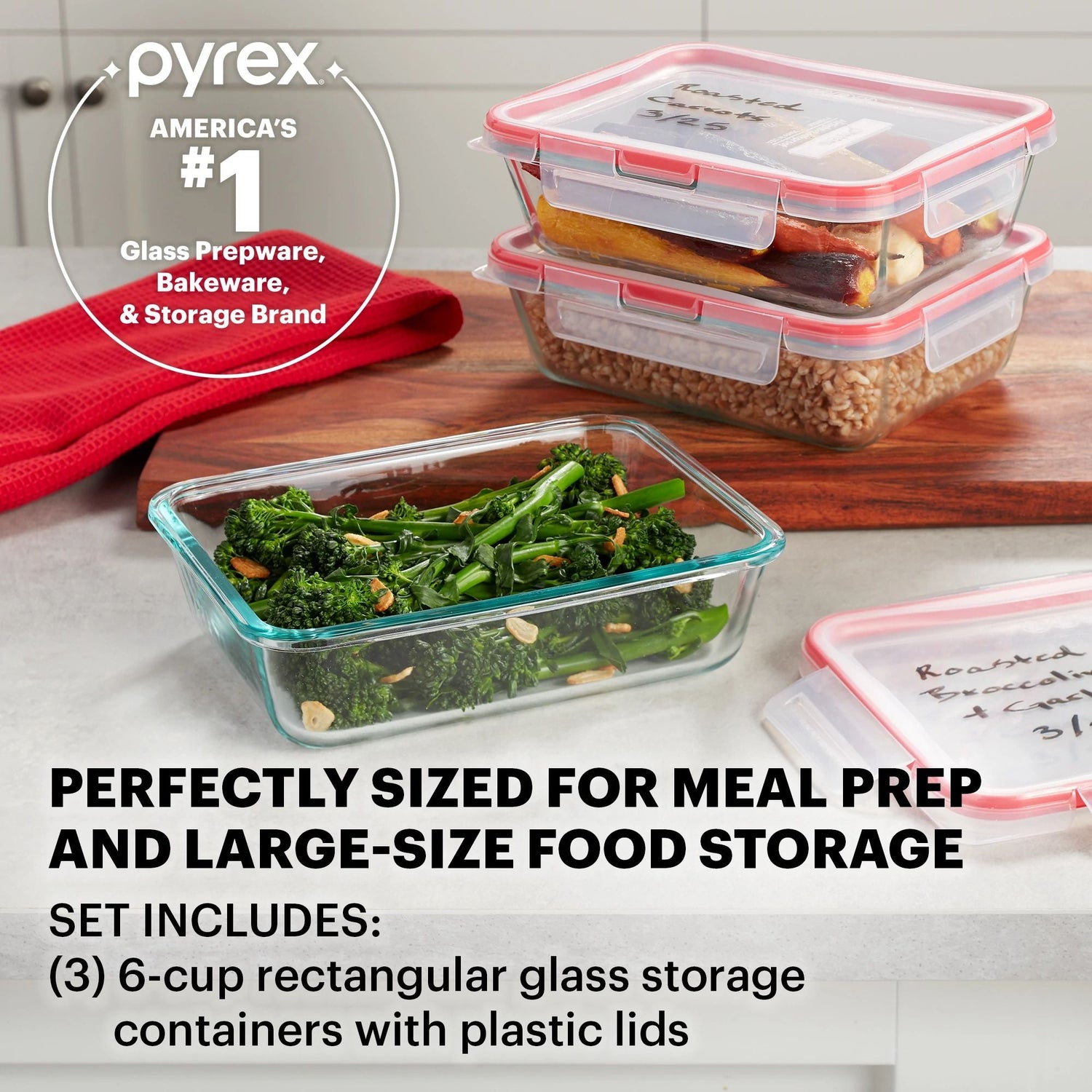 FreshLock 6-piece Glass Storage Set on counter with text perfectly sized for meal prep & large-size food storage