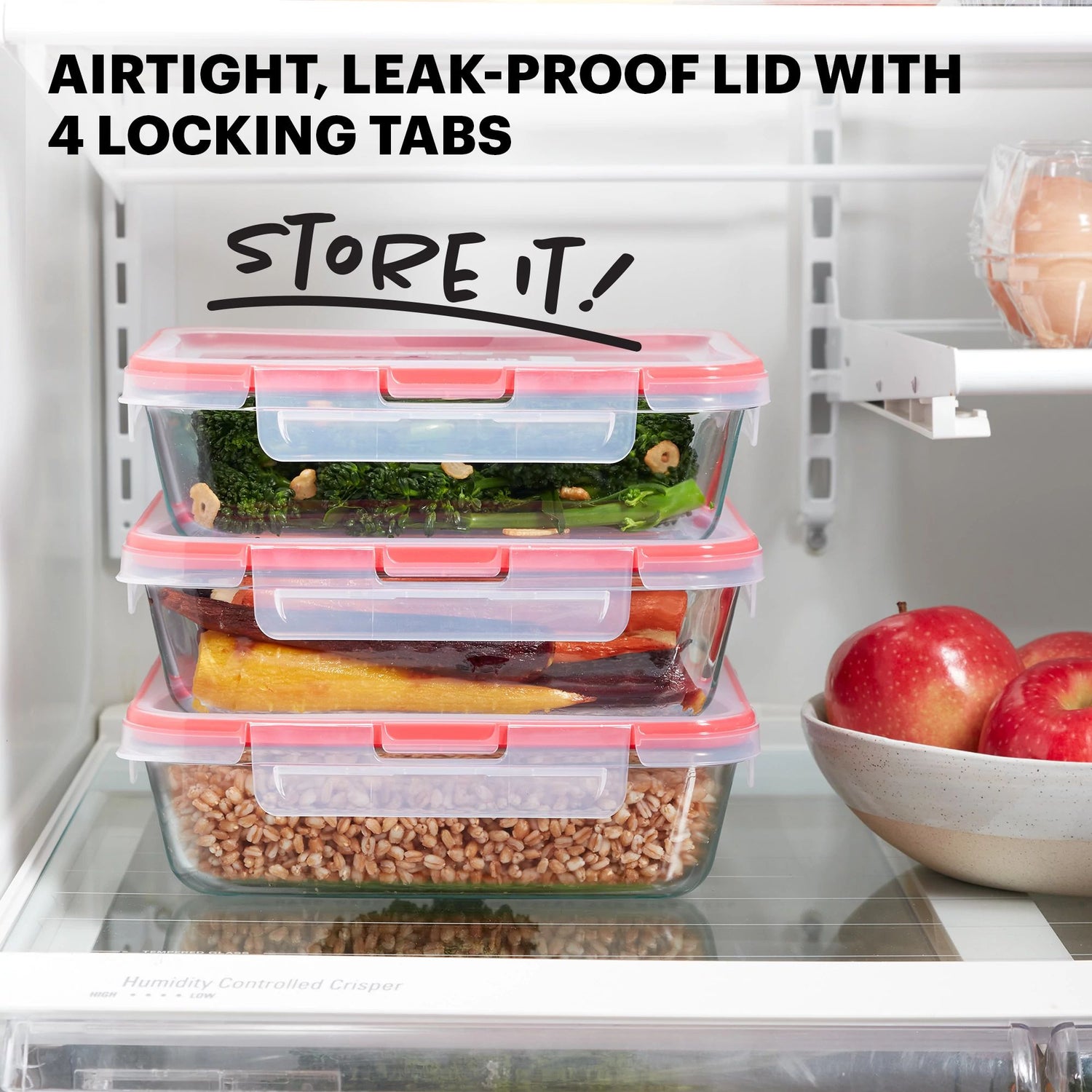 FreshLock 6-piece Glass Storage Set in fridge with text STORE IT - airtight, leakproof lid with 4 locking tabs