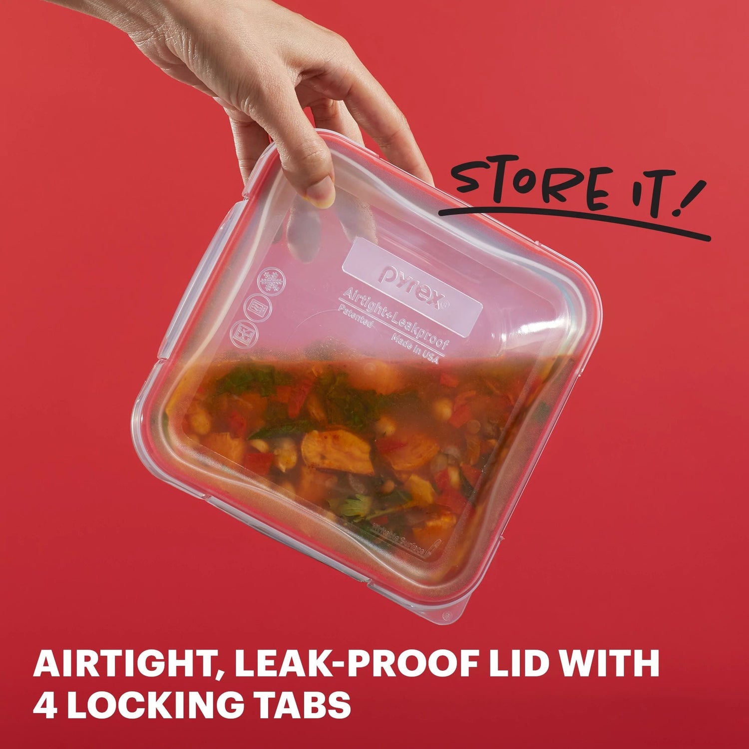 Pyrex storage with text store it airtight, leak-proof lid with 4 locking tabs
