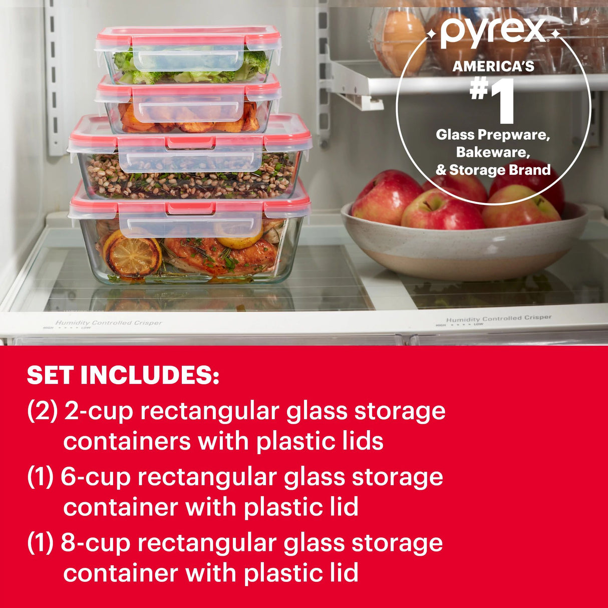 FreshLock 8-pc Rectangular Glass Storage Set with text Americas #1 glass prep & bakeware & storage brand & shows what's inside