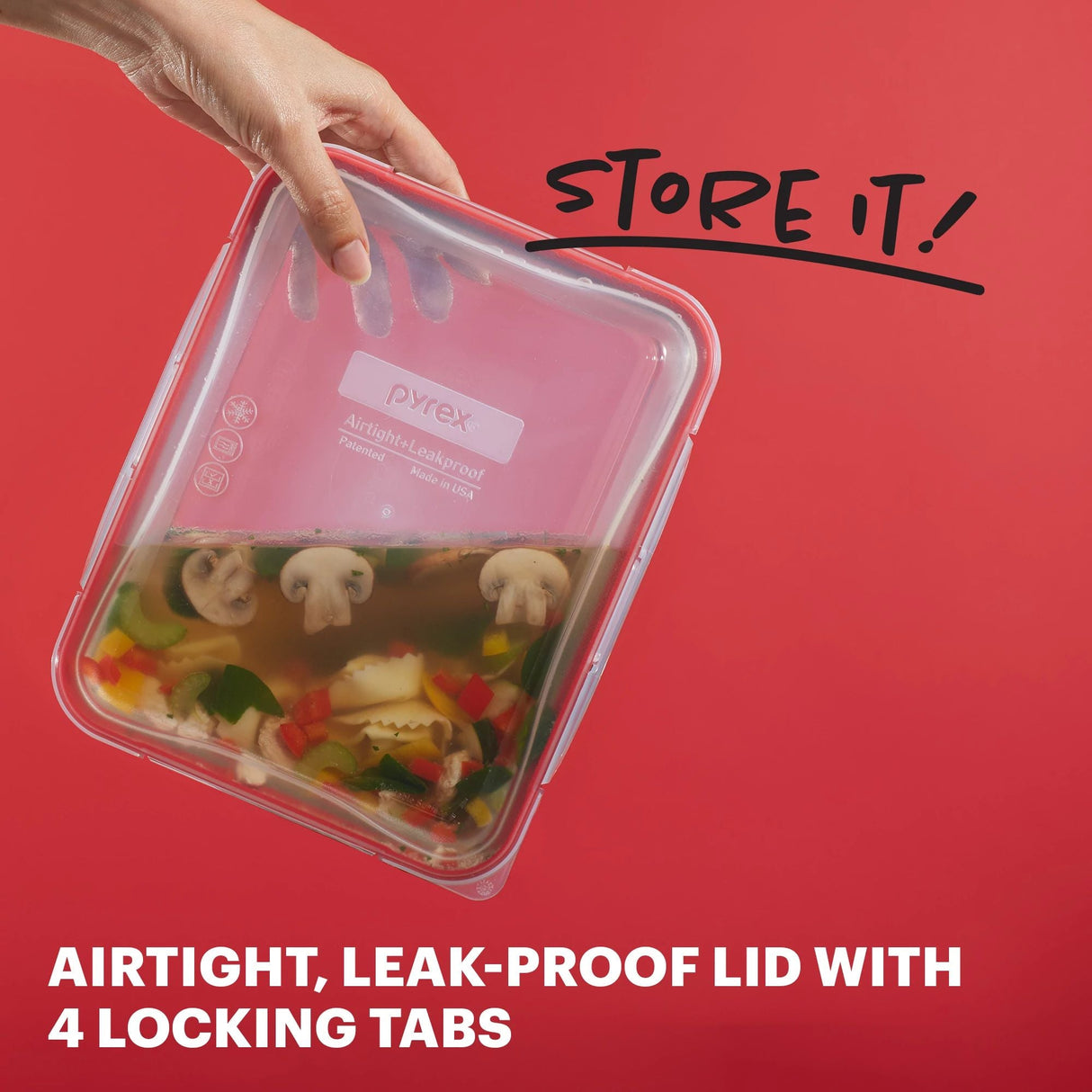 FreshLock™ 8-piece Rectangular Glass Storage Set with text store it airtight, leak proof lid with 4 locking tabs