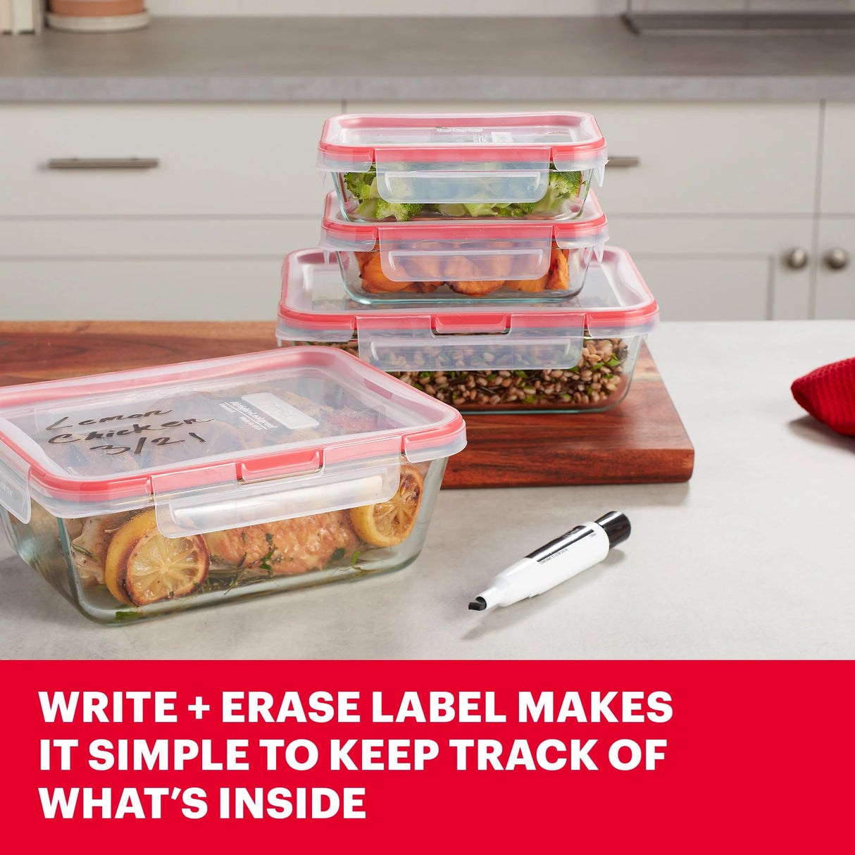 FreshLock™ 8-piece Rectangular Glass Storage Set with text write + earse label makes it simple to keep track of what's inside