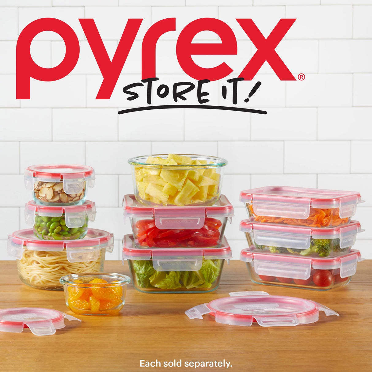 FreshLock™ storage set on tabletop with text pyrex store it