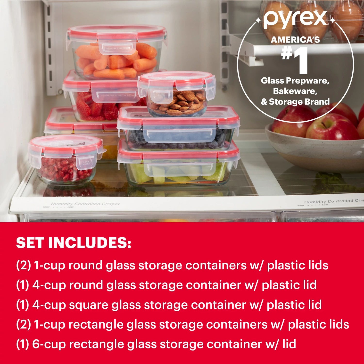 FreshLock™ Glass Storage with text Pyrex #1 brand set 2x 1-cup round 1x 4-cup round 1x 4-cup square 2x 1-cup rectangle 1x 6-cup