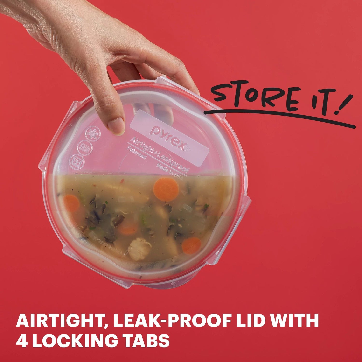 FreshLock™ Glass Storage with text store it airtight, leak-proof lid with 4 locking tabs