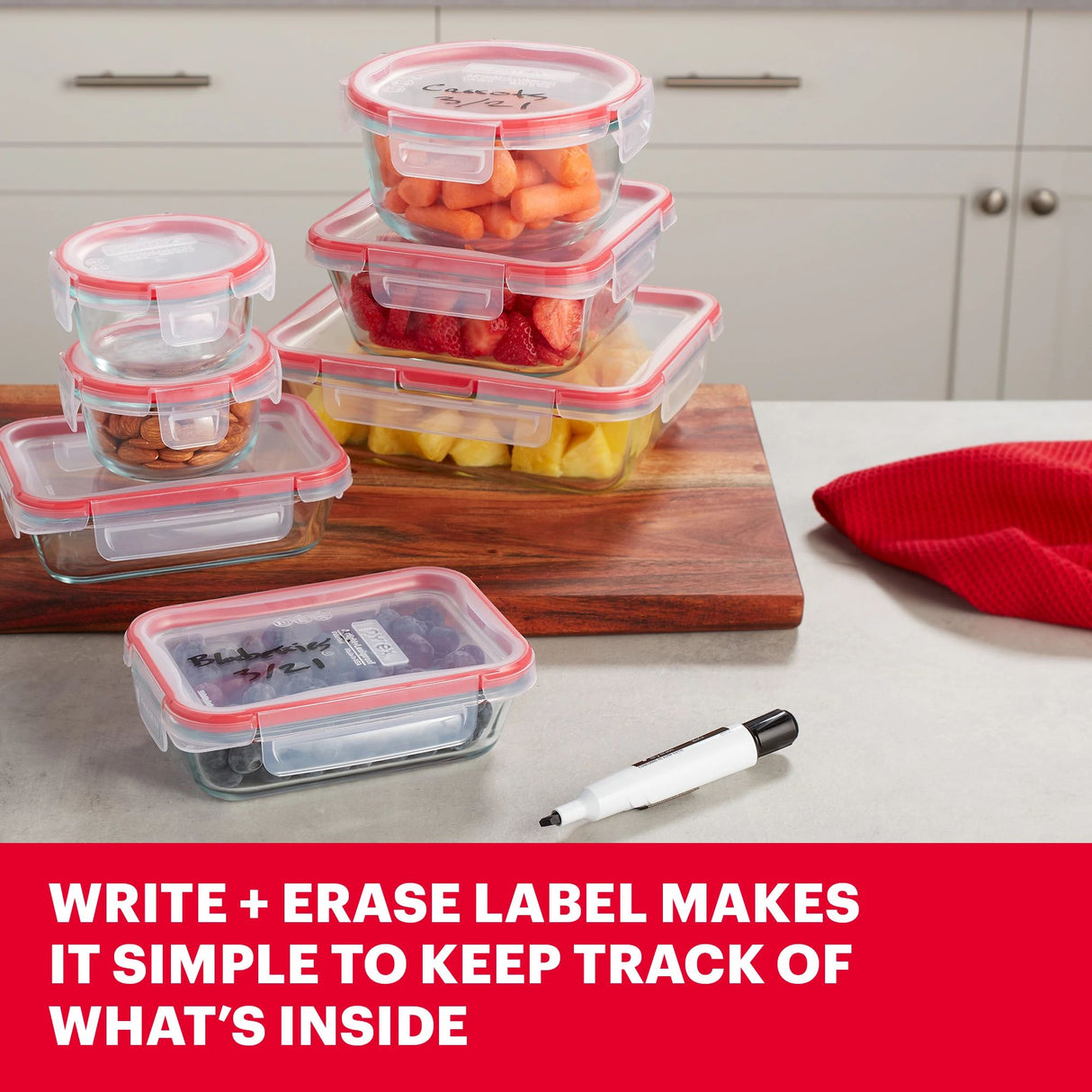 FreshLock™ 14-piece Glass Storage Set with text write + erase label makes it simple to keep track of whats inside