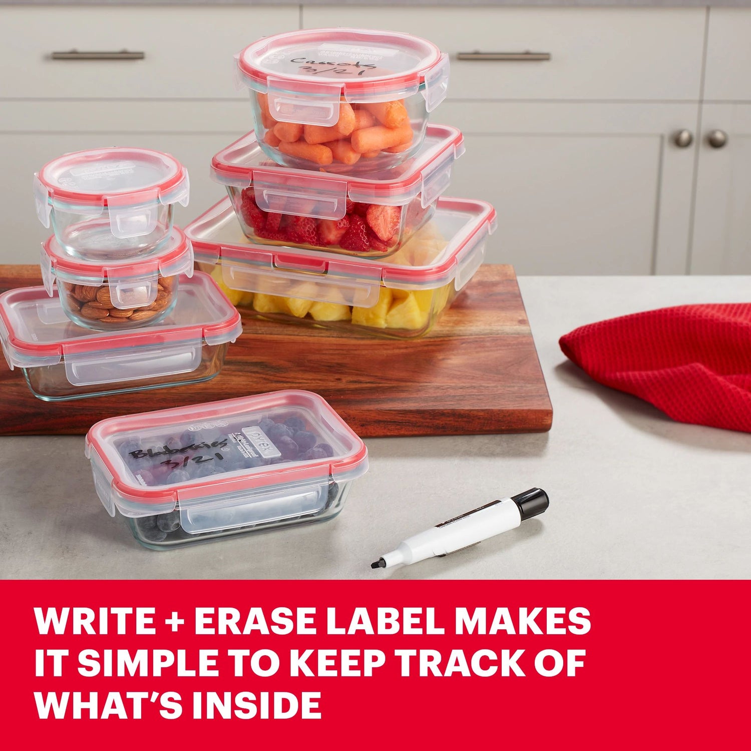 FreshLock™ 14-piece Glass Storage Set with text write + erase label makes it simple to keep track of whats inside