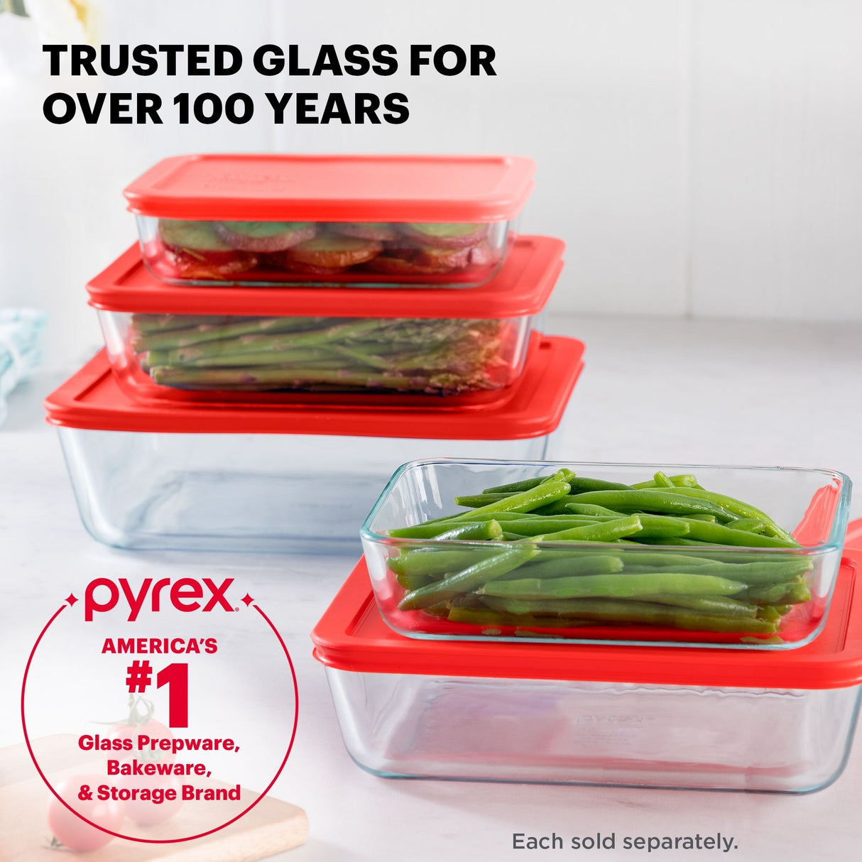 Pyrex glass food storage containers with red lids on a white surface, featuring text about their long history and popularity.