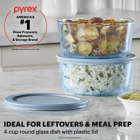 Simply Store® Tinted 4-cup Round Storage with Blue Plastic Lid with text Ideal for leftovers and meal prep