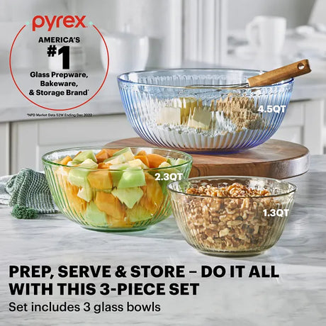 Colors Sculpted Tinted Dreams 3-piece Mixing Bowl Set with text Pyrex Americas #1 glass, prep & bakeware & storage brand