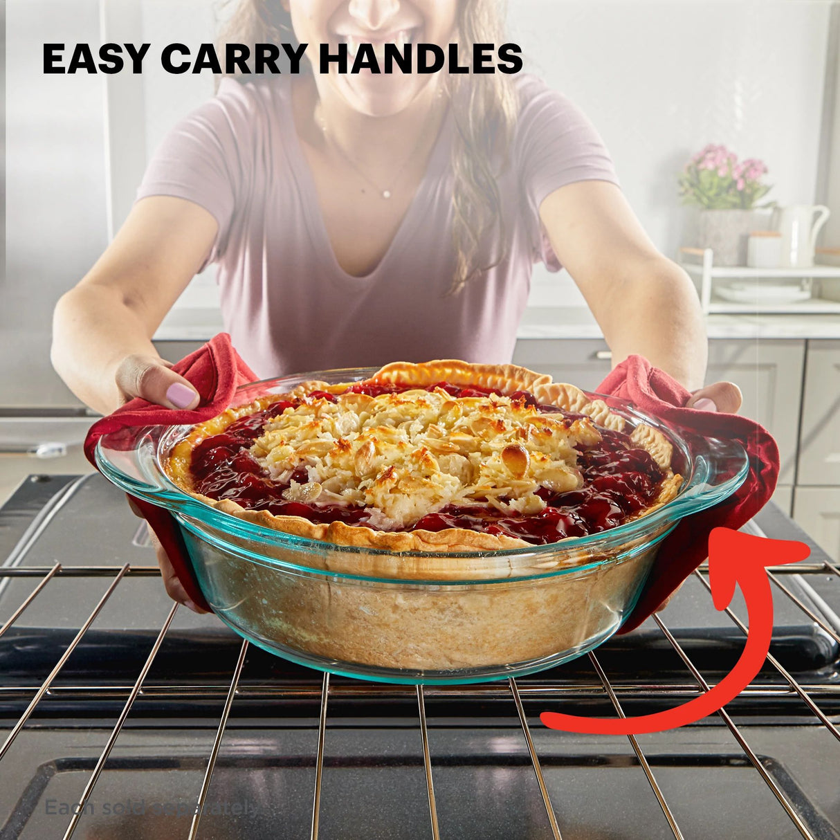 image putting pie plate in oven with text easy carry handles