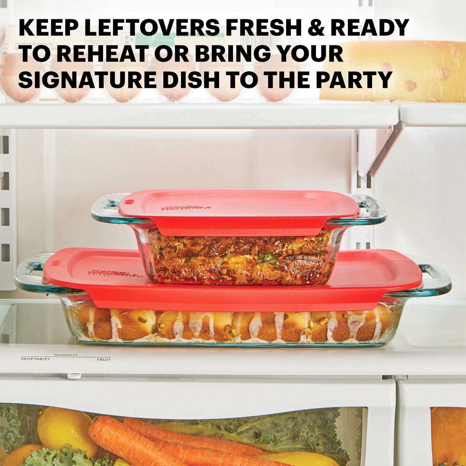 Easy Grab 4-piece Rectangular Baking Dish Set with text keep leftovers fresh & ready to reheat or bring dish to the party
