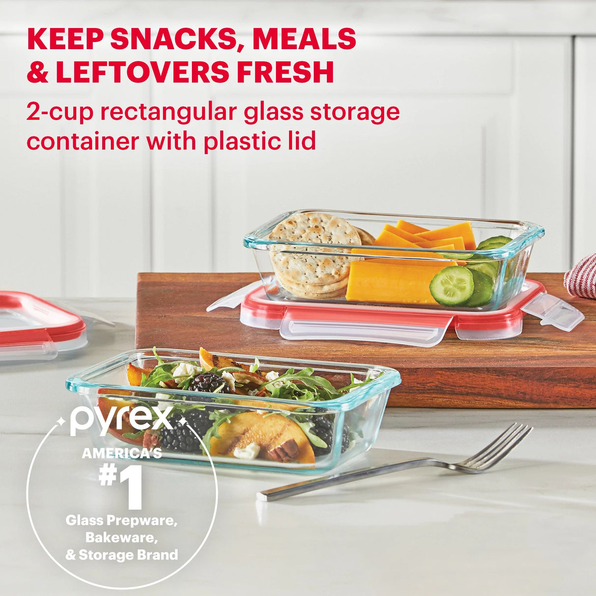 Freshlock 2 cup Rectangle Glass Storage with text keep snack,meals & leftovers fresh