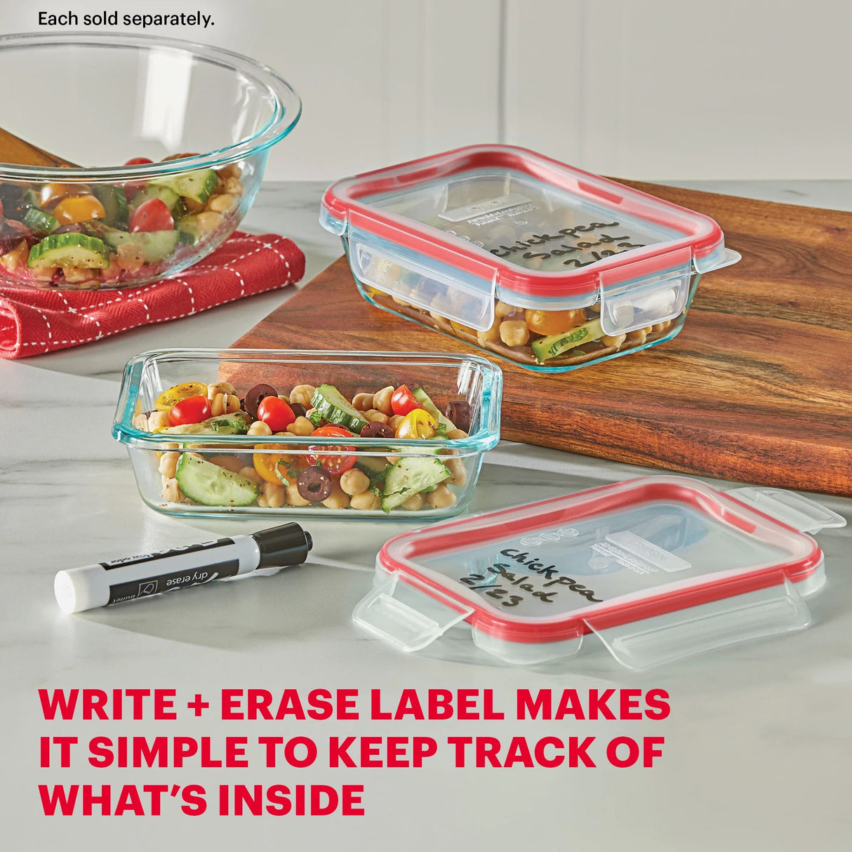 Freshlock 2 cup Rectangle Glass Storage with text write & erase label makes it simple to track of what's inside