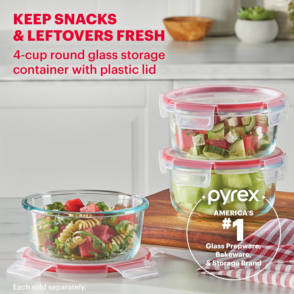Freshlock 4-cup Round Glass Storage (displays three 4cup containers) with text keeps snacks & leftovers fresh