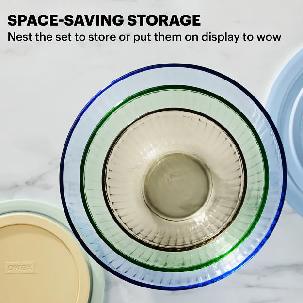 Pyrex Colors mixing bowls with text space saving storage nest the set to store or put on display to wow