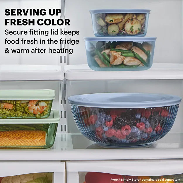 Pyrex Colors with text serving up fresh color secure fitting lid keeps food fresh in fridge & warm after heating