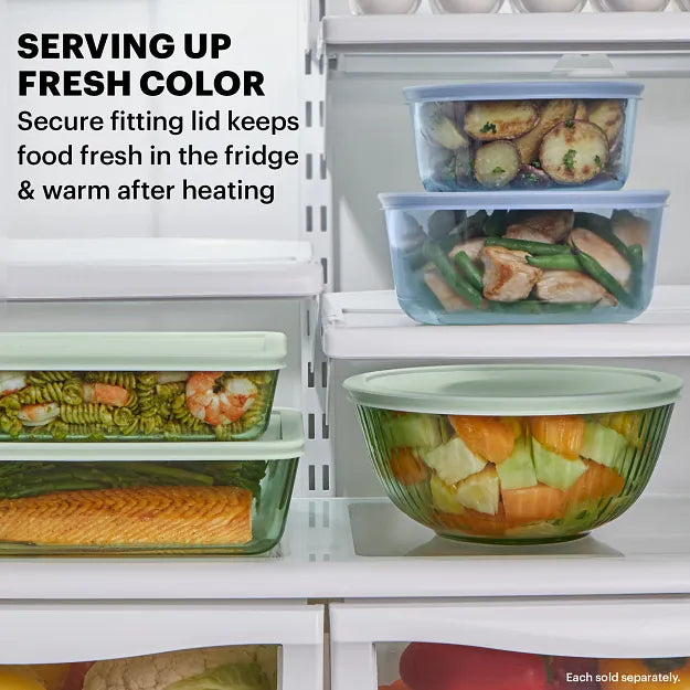 Pyrex Colors storage & mixing bowls with text serving up fresh color secure fitting lid keeps food fresh in fridge & warm after heating