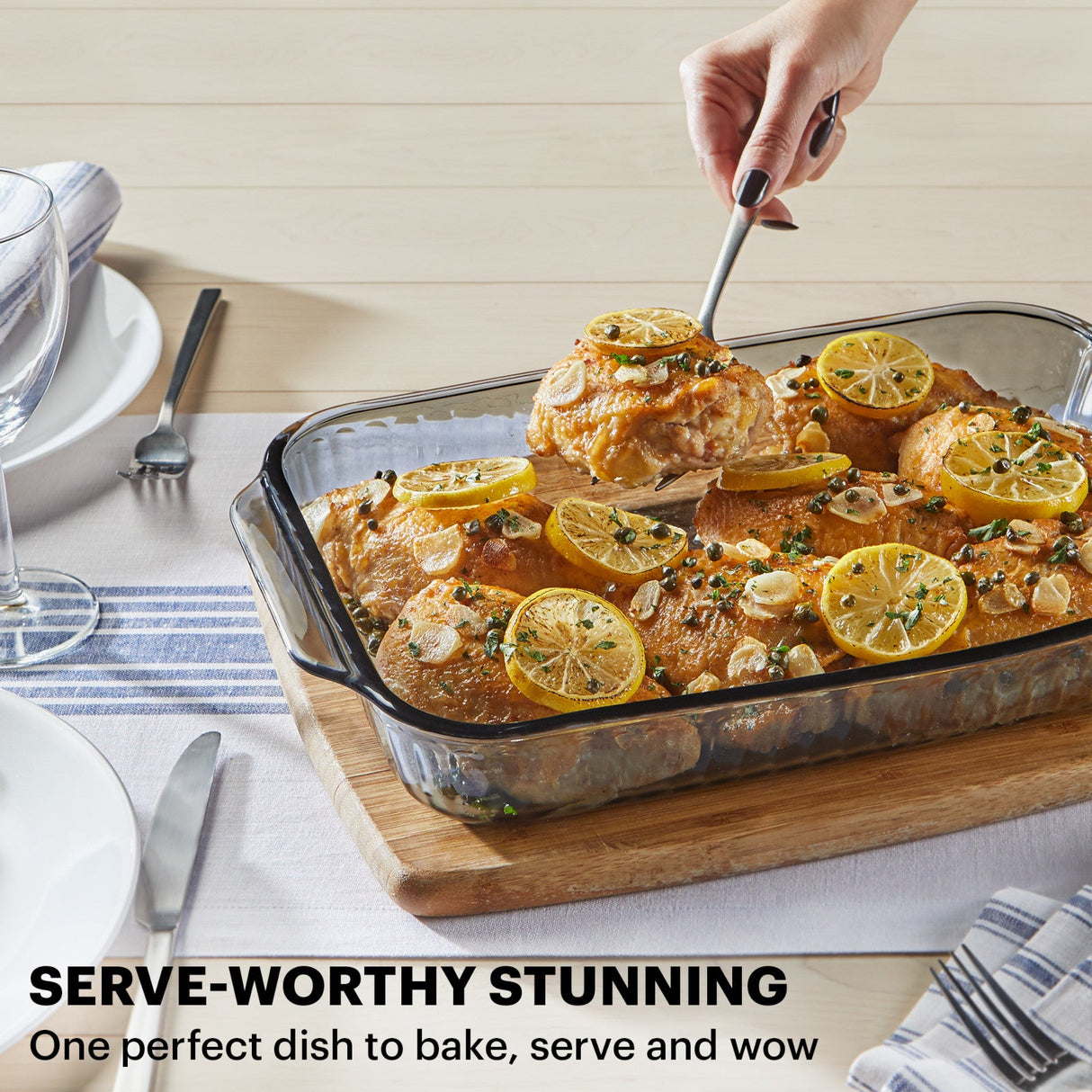 3-qt baking dish with text serve-worthy stunning one perfect dish to bake, serve & wow