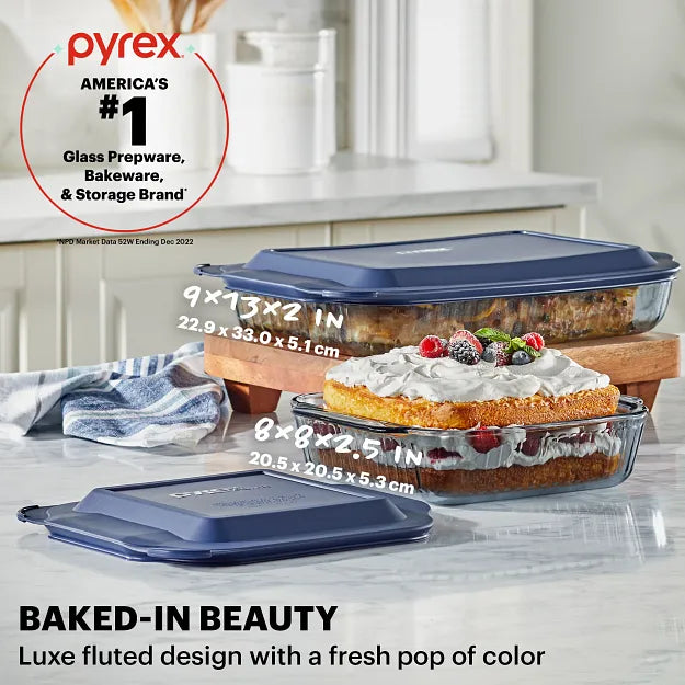 Pyrex Colors - 4pc Bakeware, Smoke  with text Pyrex America's #1 glass prep & bakeware & storage brand