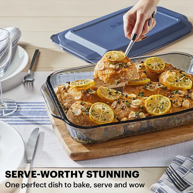 Pyrex Colors -4pc Bakeware with text serve worthy stunning one perfect dish to bake, serve and wow